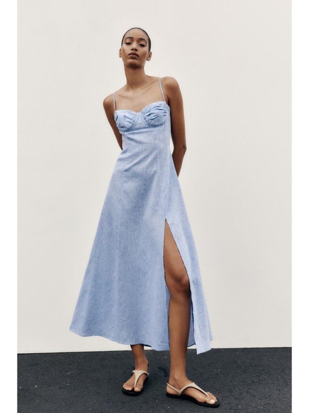 Zara Womens Linen Corset Midi Dress Medium Blue Denim look Flared 8411/789 NWD